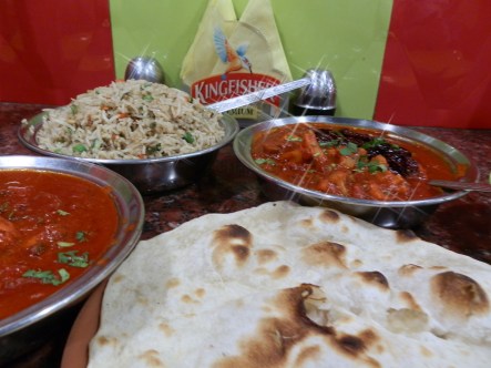 From left: Chicken Kolhapuri, Mushroom rice, Vegetable Kolhapuri, nan